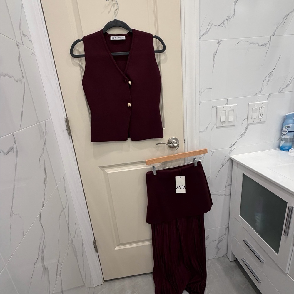 Zara Deep Burgundy Buttoned Vest with matching skirt
